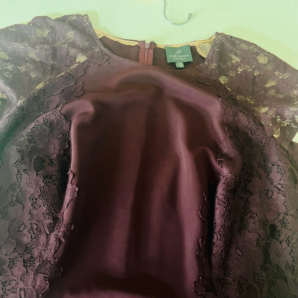 Adrianna Papell Lace Detail Cap Sleeve Sheath Dress Size 14W Burgundy - Picture 3 of 8